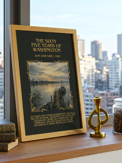 Sixty Five Years Of Washington Minimalist Book Poster by J. Saer – framed print on a city-view windowsill