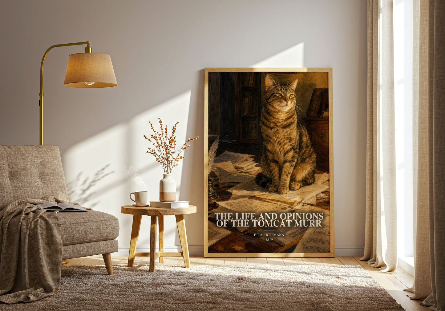 The Life And Opinions Of The Tomcat Murr watercolour print in frame leaning in hallway – satire wall art