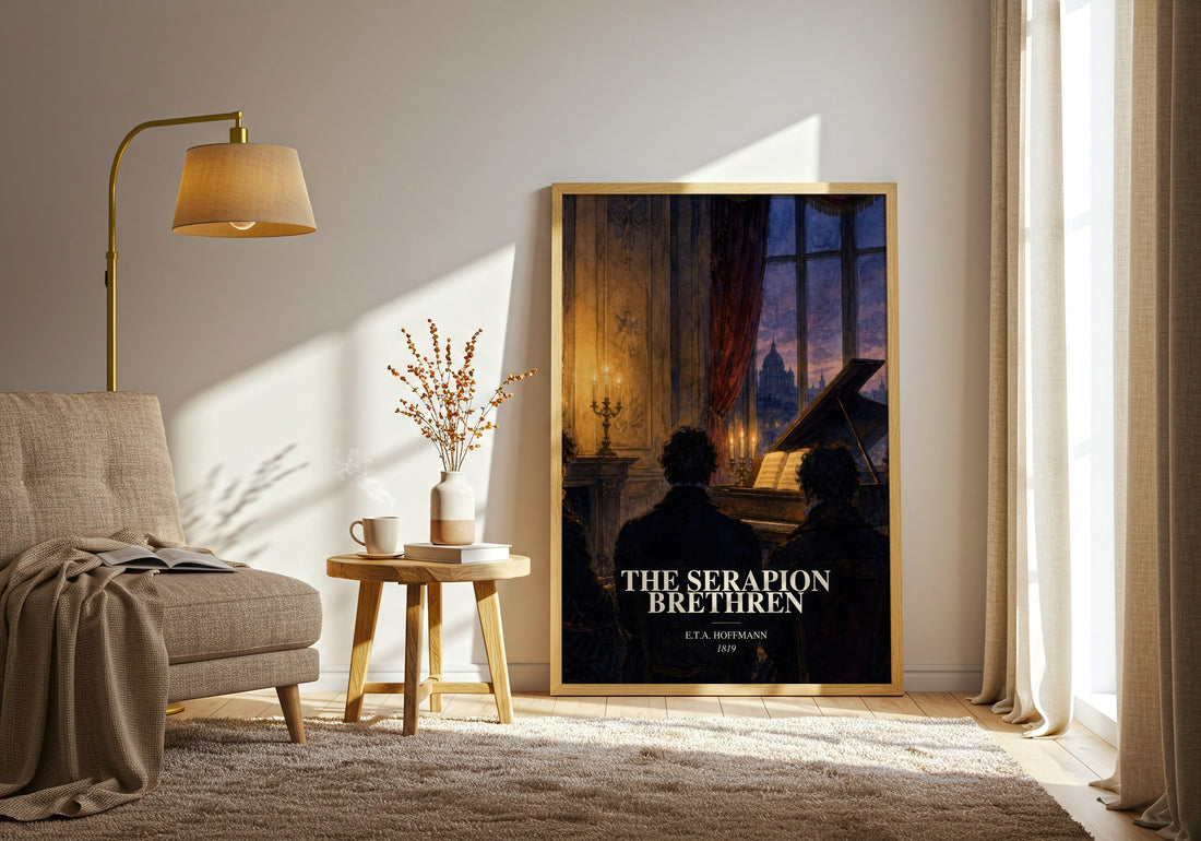 The Serapion Brethren watercolour print in frame leaning in hallway – gothic wall art (mockup)