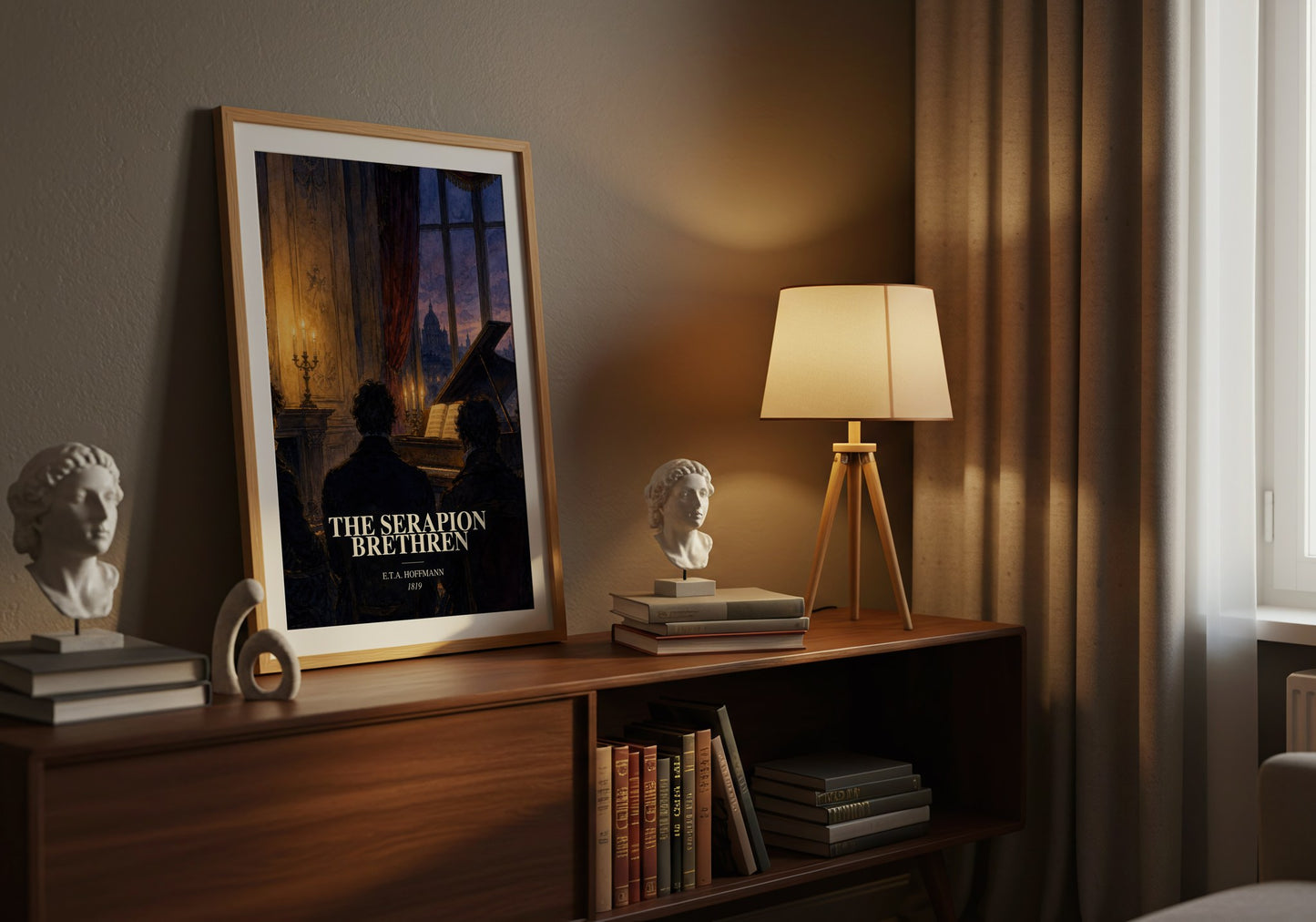 The Serapion Brethren watercolour print on bookshelf – E.T.A. Hoffmann fan gift