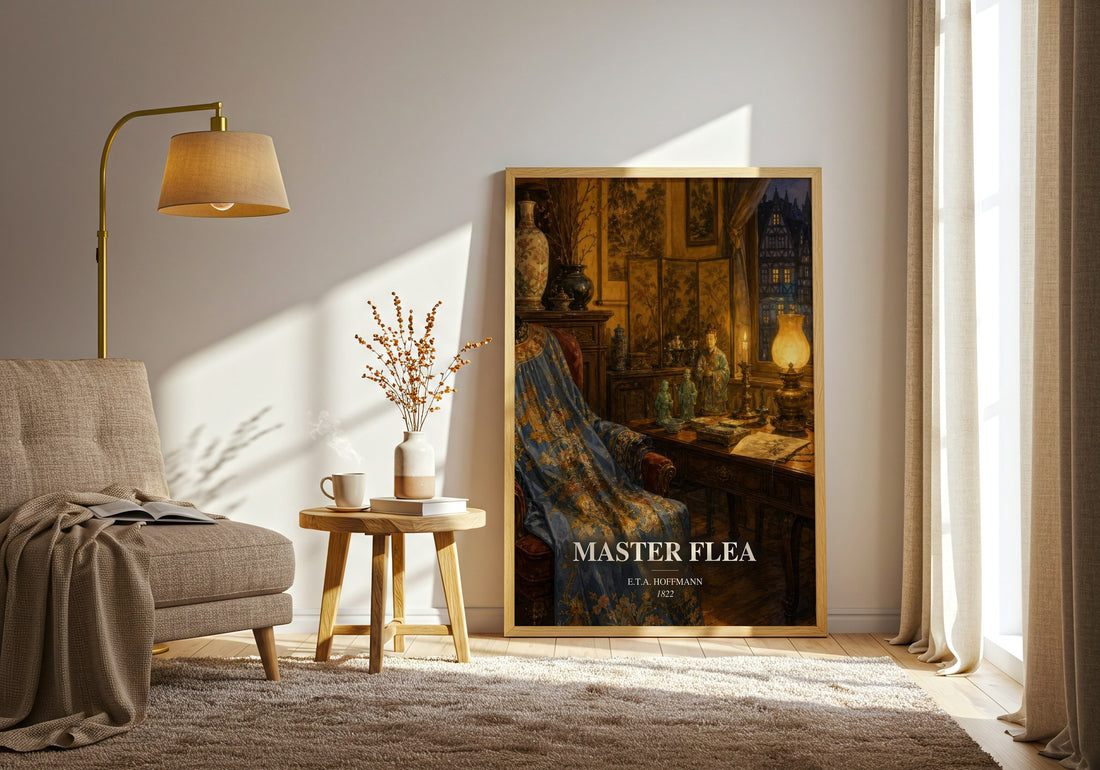 Master Flea watercolour print in frame leaning in hallway – fantasy wall art (mockup)