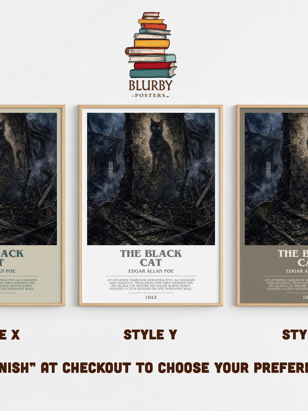 The Black Cat bookish print in frame leaning in hallway – horror wall art