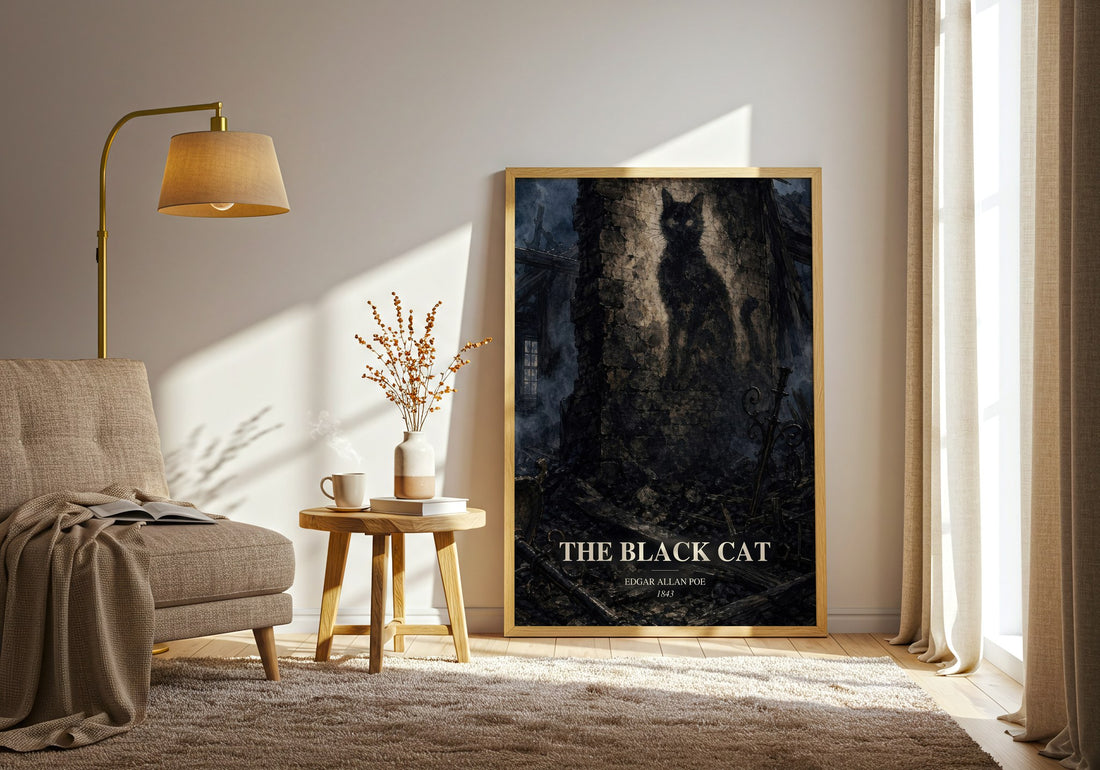 The Black Cat watercolour print in frame leaning in hallway – horror wall art (mockup)