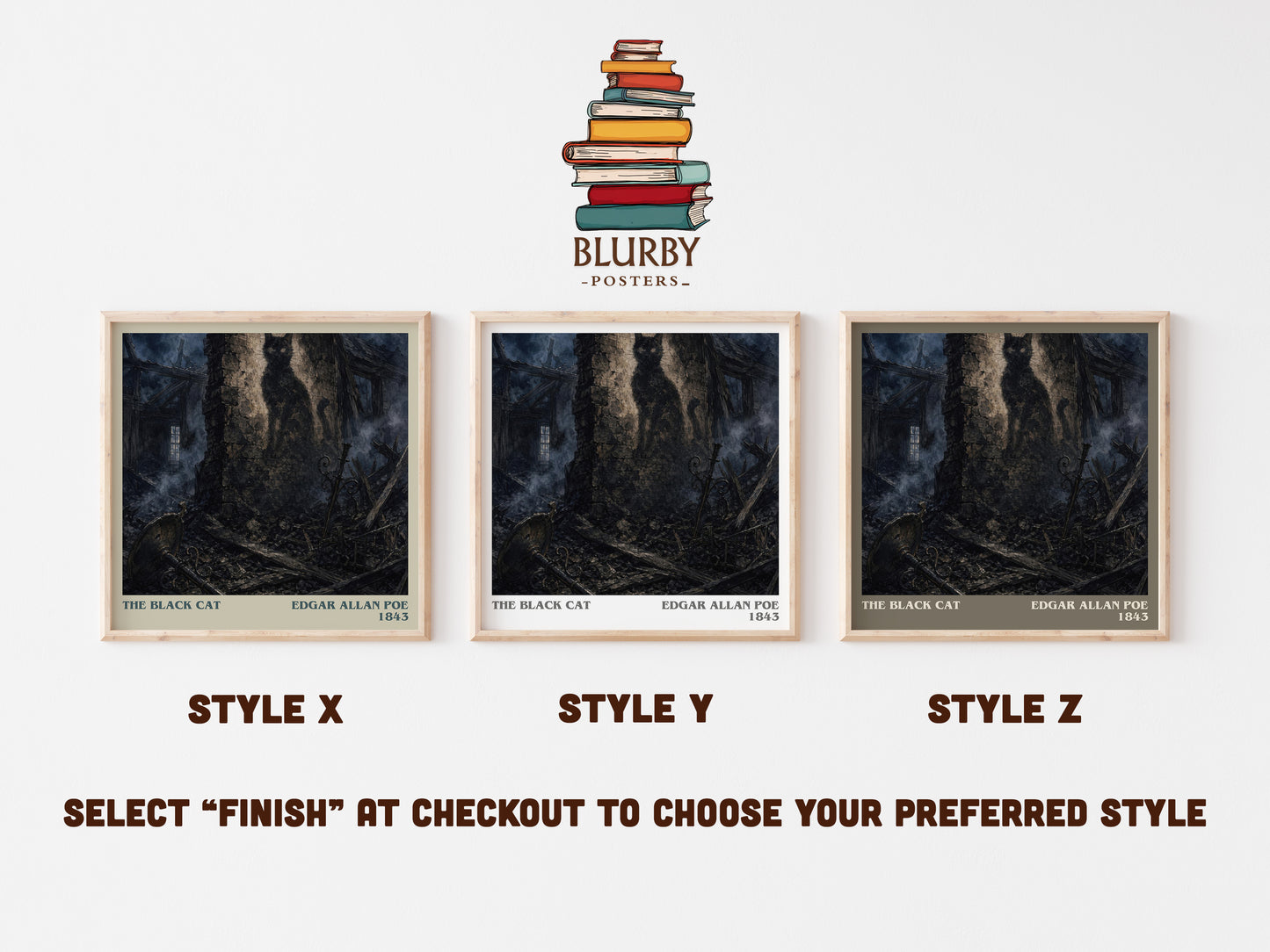 The Black Cat literary print in frame leaning in hallway – horror wall art