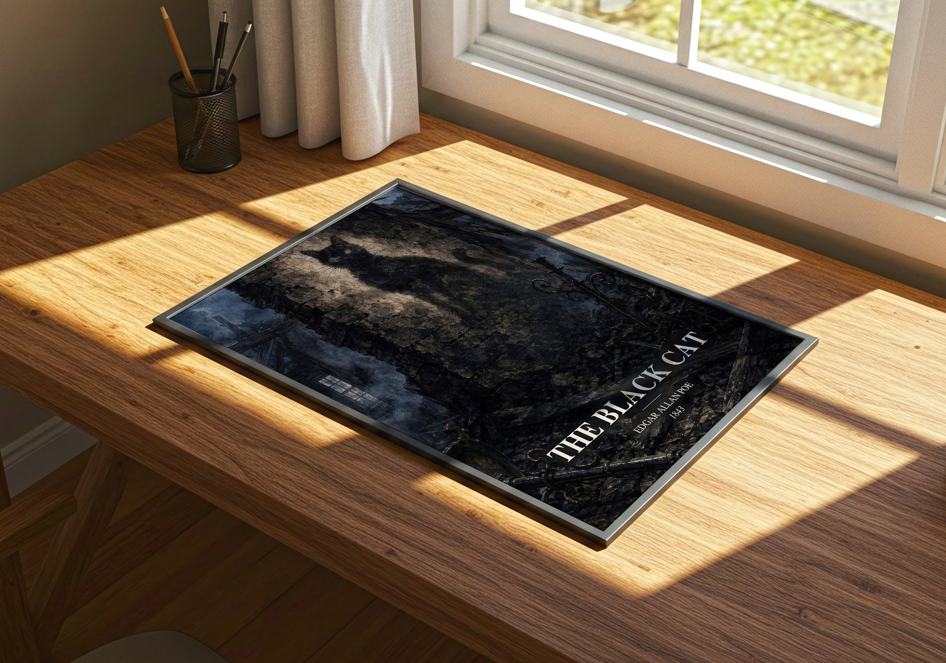 The Black Cat watercolour book poster framed on wall – horror wall art