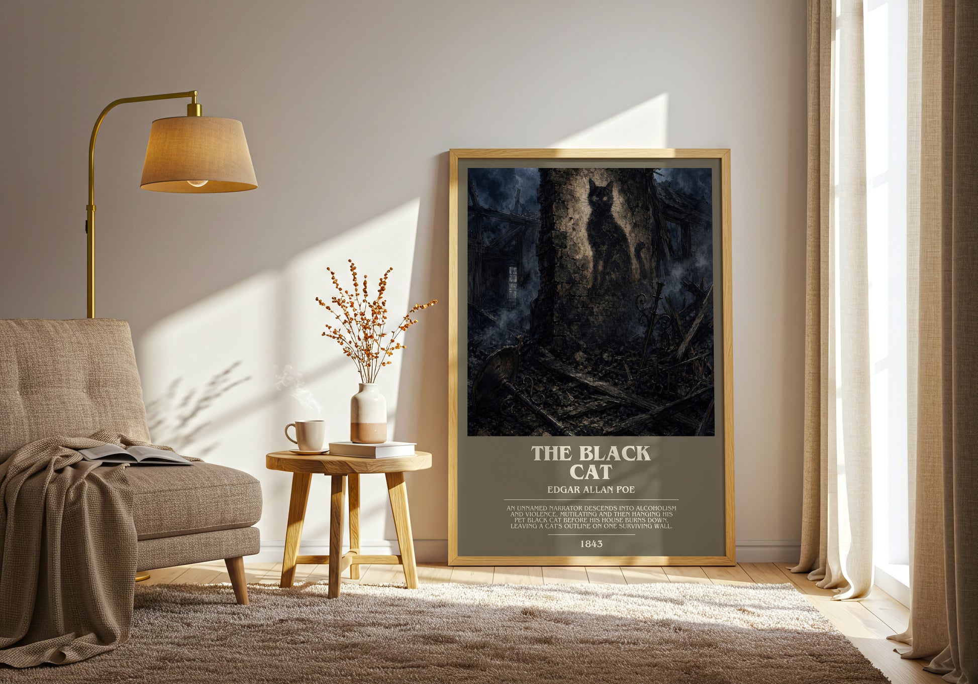 The Black Cat bookish print on bookshelf – Edgar Allan Poe fan gift