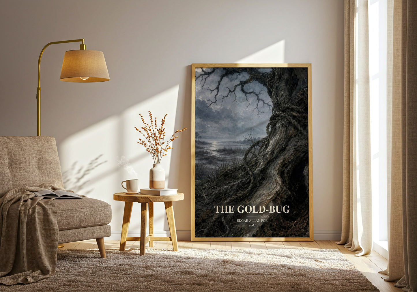 The Gold-Bug watercolour print in frame leaning in hallway – mystery wall art