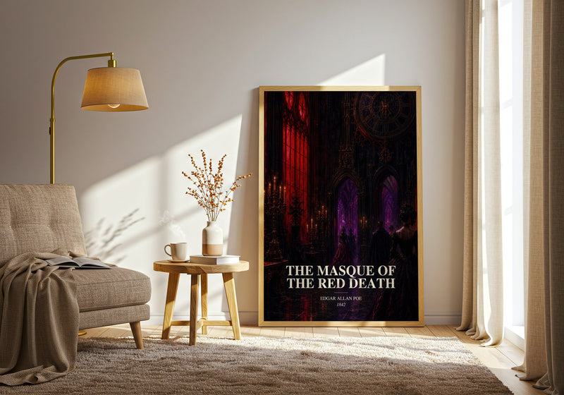 The Masque Of The Red Death watercolour print in frame leaning in hallway – gothic wall art