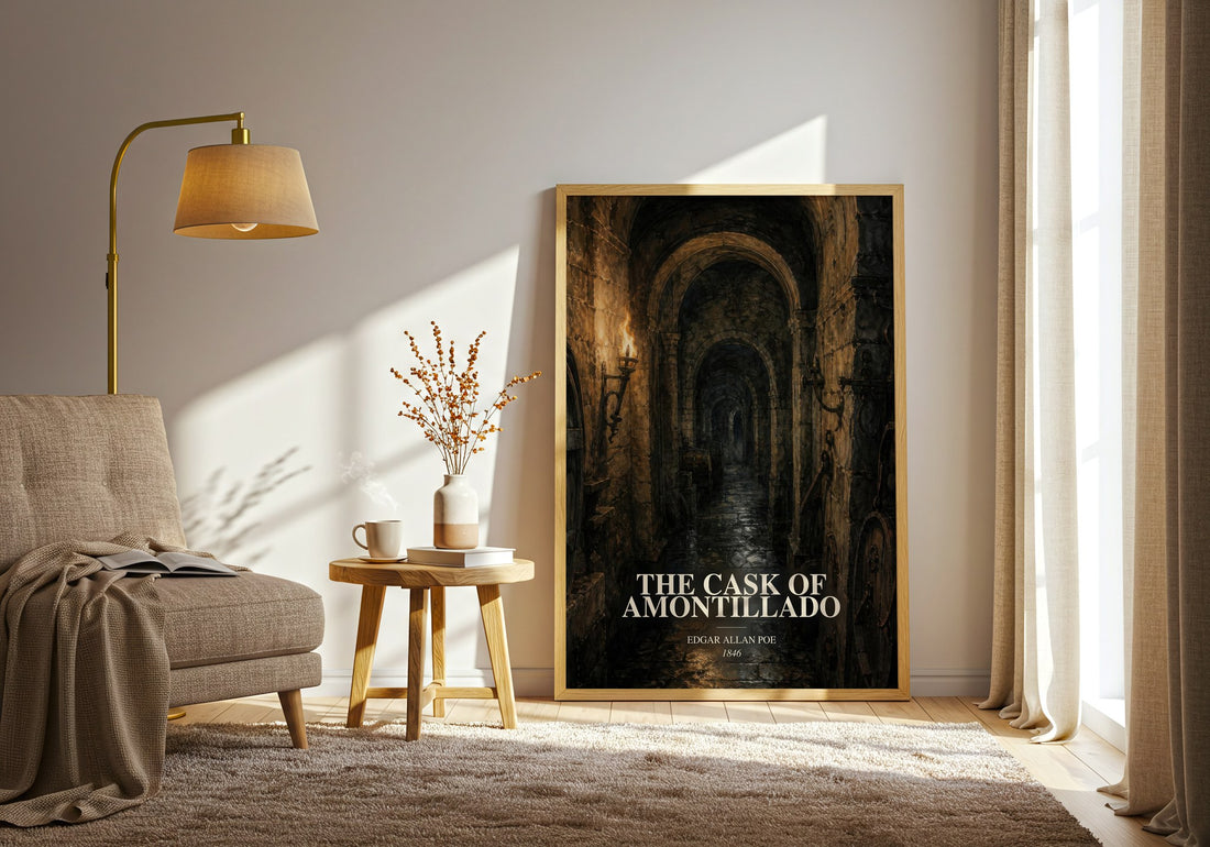 The Cask Of Amontillado watercolour print in frame leaning in hallway – horror wall art (mockup)