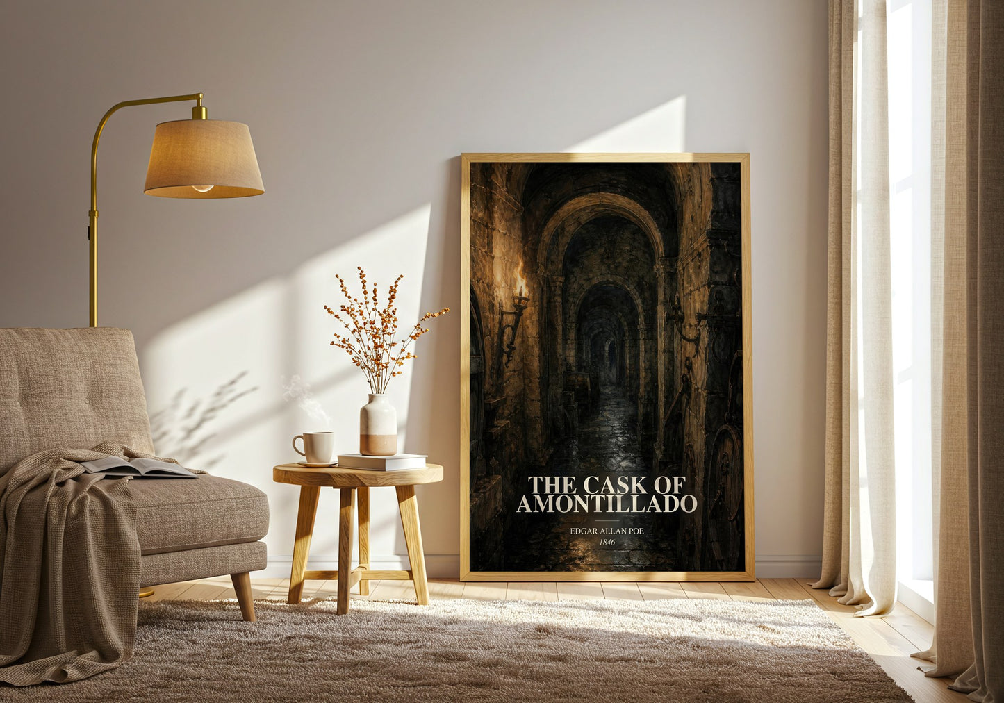 The Cask Of Amontillado watercolour print in frame leaning in hallway – horror wall art
