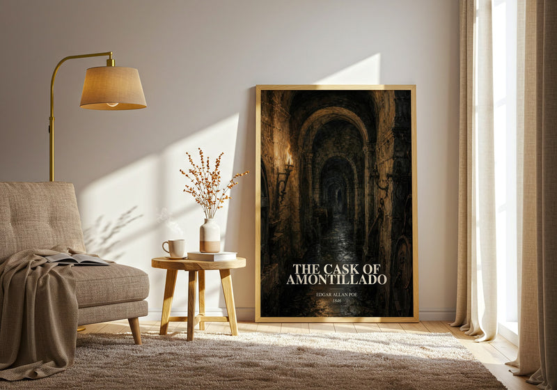 The Cask Of Amontillado watercolour print in frame leaning in hallway – horror wall art