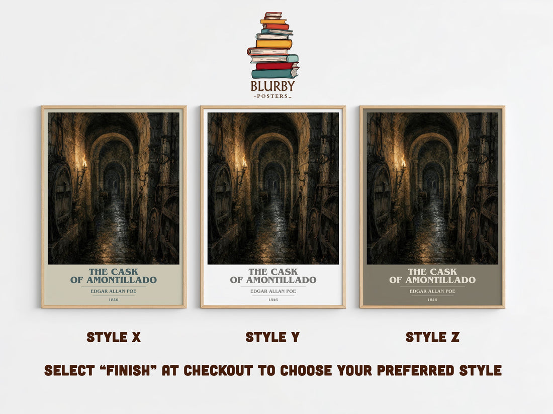 The Cask Of Amontillado book cover print in frame leaning in hallway – horror wall art (mockup)