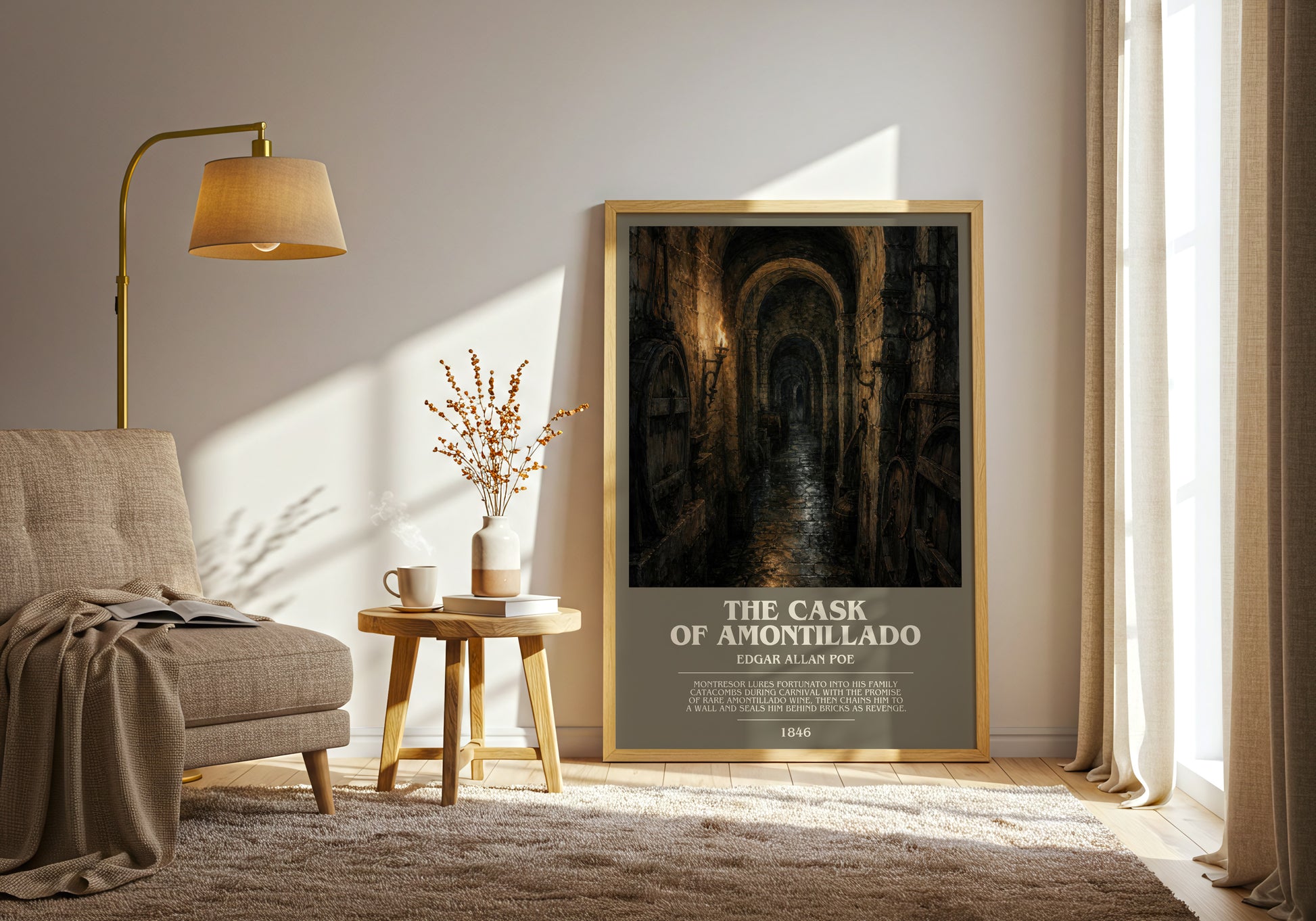 The Cask Of Amontillado bookish print on bookshelf – Edgar Allan Poe fan gift