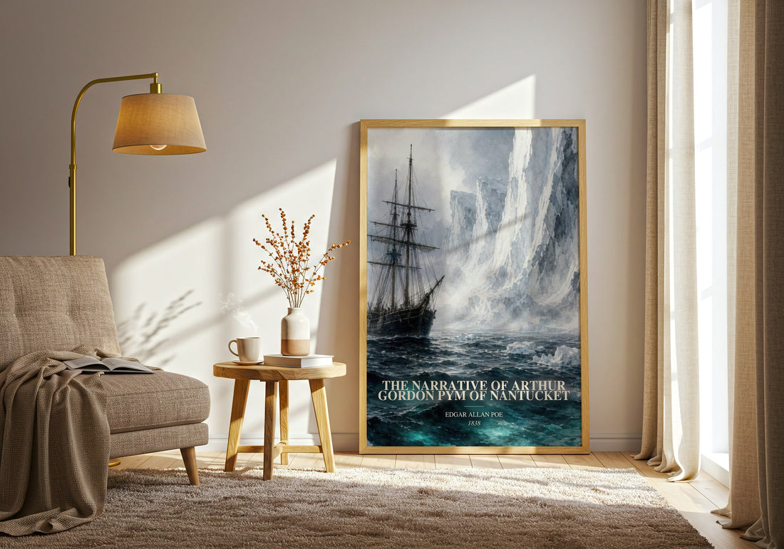 The Narrative Of Arthur Gordon Pym Of Nantucket watercolour print in frame leaning in hallway – adventure wall art (mockup)