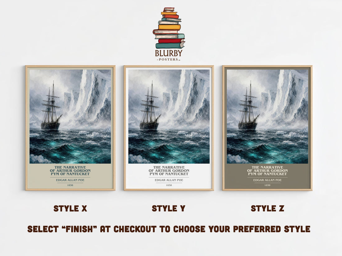 The Narrative Of Arthur Gordon Pym Of Nantucket book cover print in frame leaning in hallway – adventure wall art (mockup)