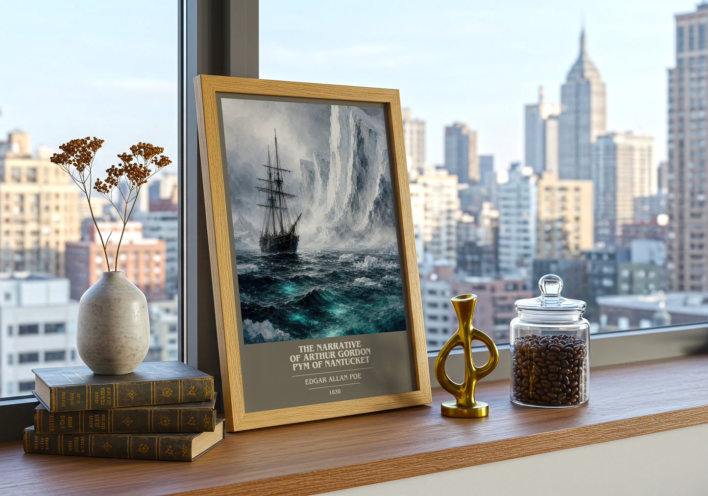 The Narrative Of Arthur Gordon Pym Of Nantucket book cover print framed by window – literary home decor