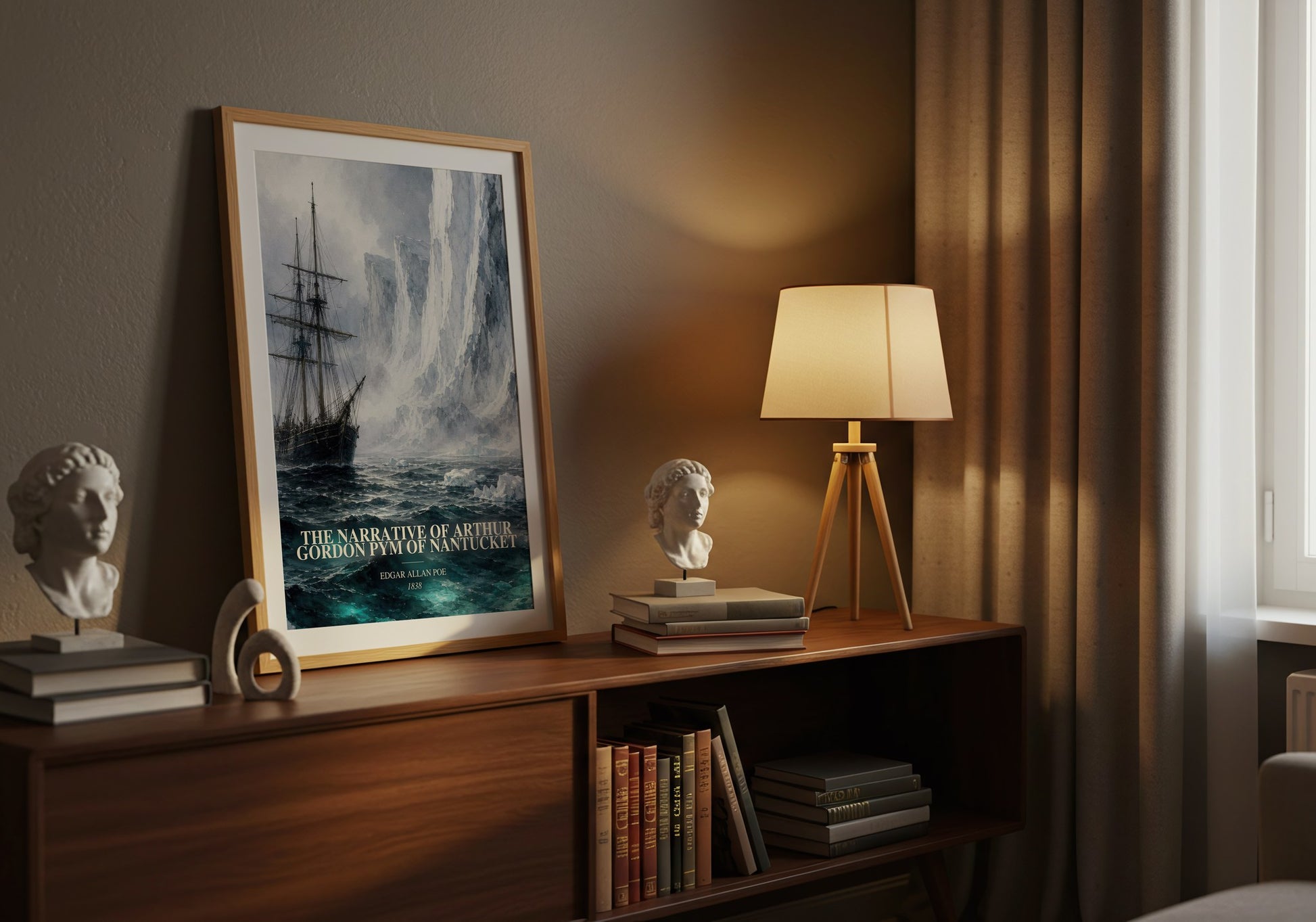The Narrative Of Arthur Gordon Pym Of Nantucket watercolour print on bookshelf – Edgar Allan Poe fan gift