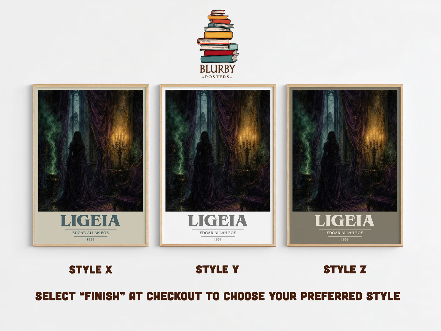 Ligeia book cover print in frame leaning in hallway – gothic wall art