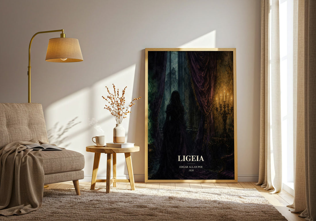 Ligeia watercolour print in frame leaning in hallway – gothic wall art (mockup)