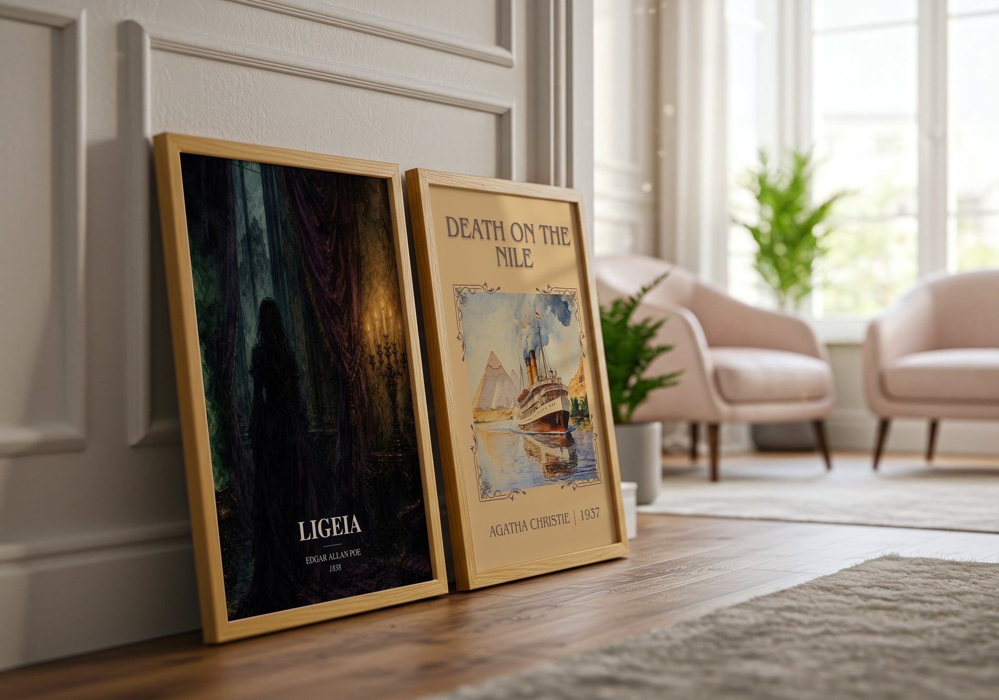 Ligeia watercolour print framed by window – literary home decor