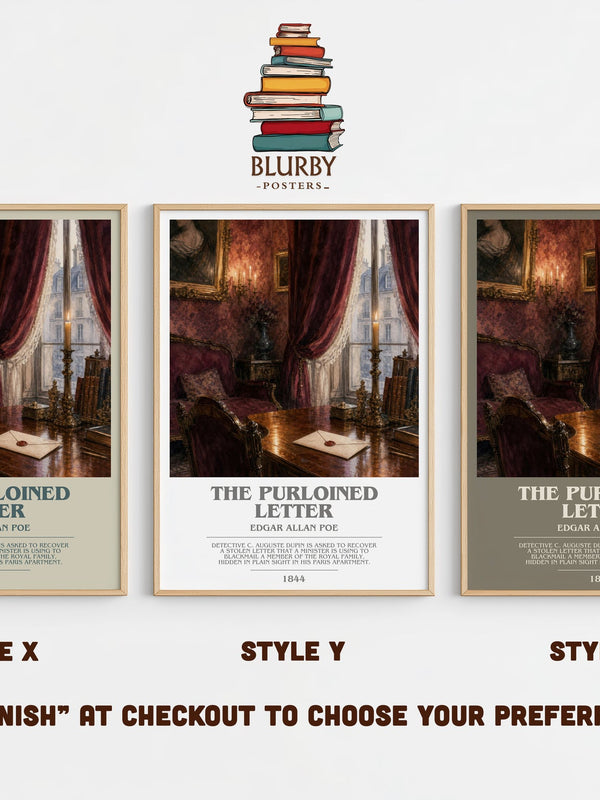 The Purloined Letter bookish print in frame leaning in hallway – mystery wall art