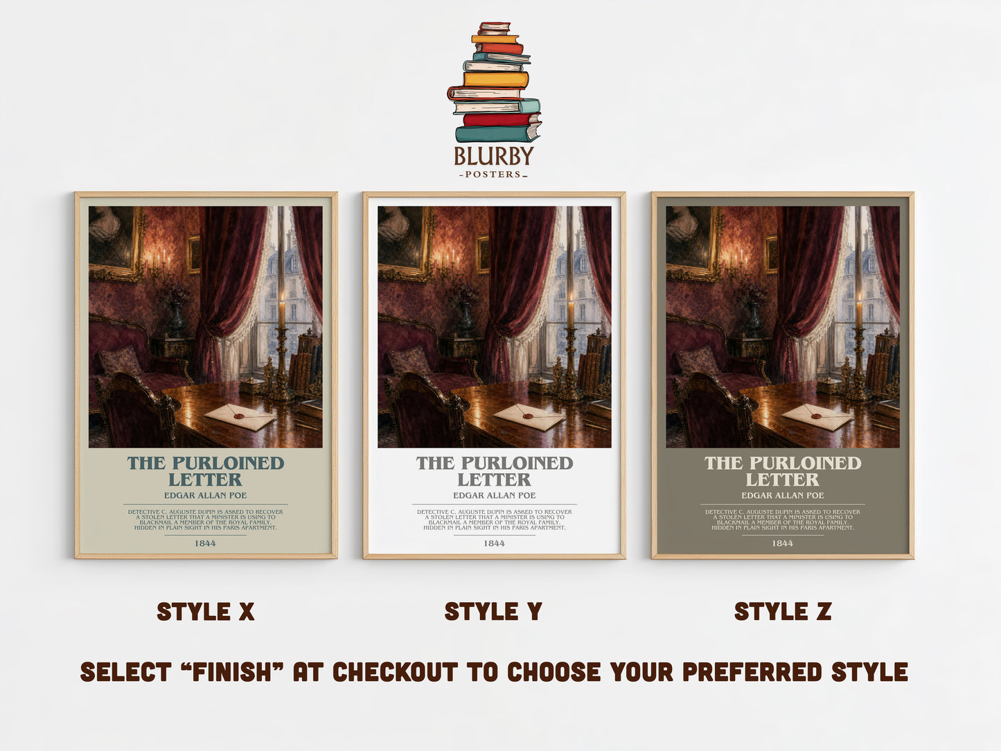 The Purloined Letter bookish print in frame leaning in hallway – mystery wall art