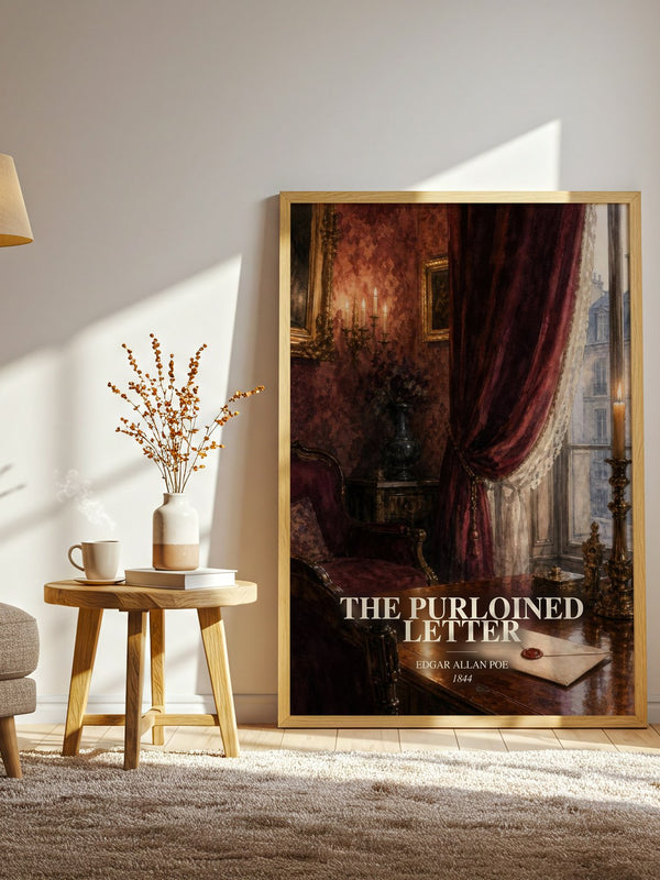 The Purloined Letter watercolour print in frame leaning in hallway – mystery wall art