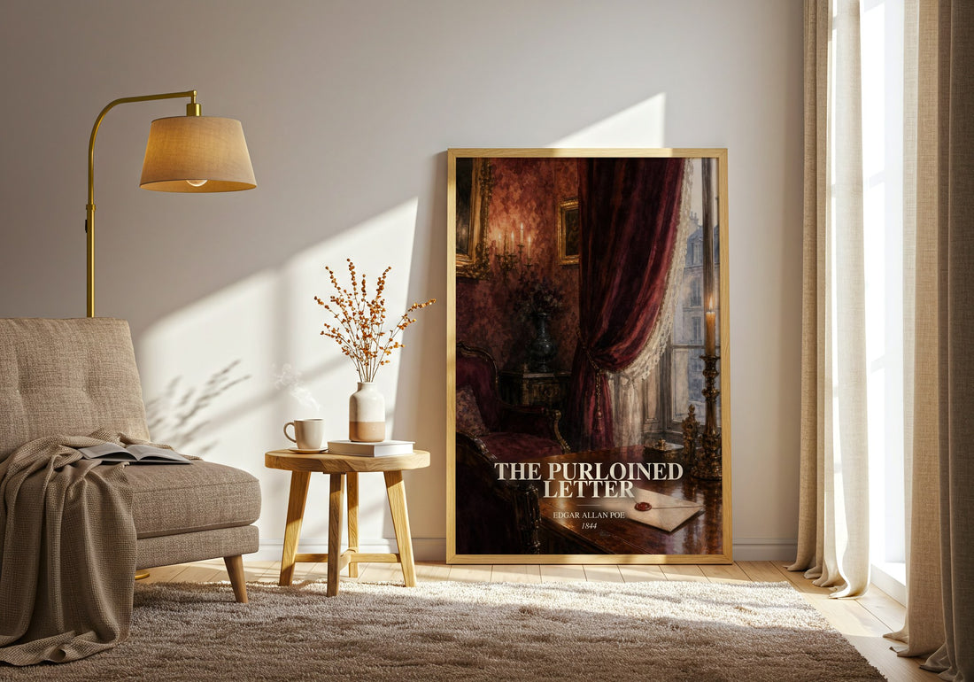 The Purloined Letter watercolour print in frame leaning in hallway – mystery wall art (mockup)