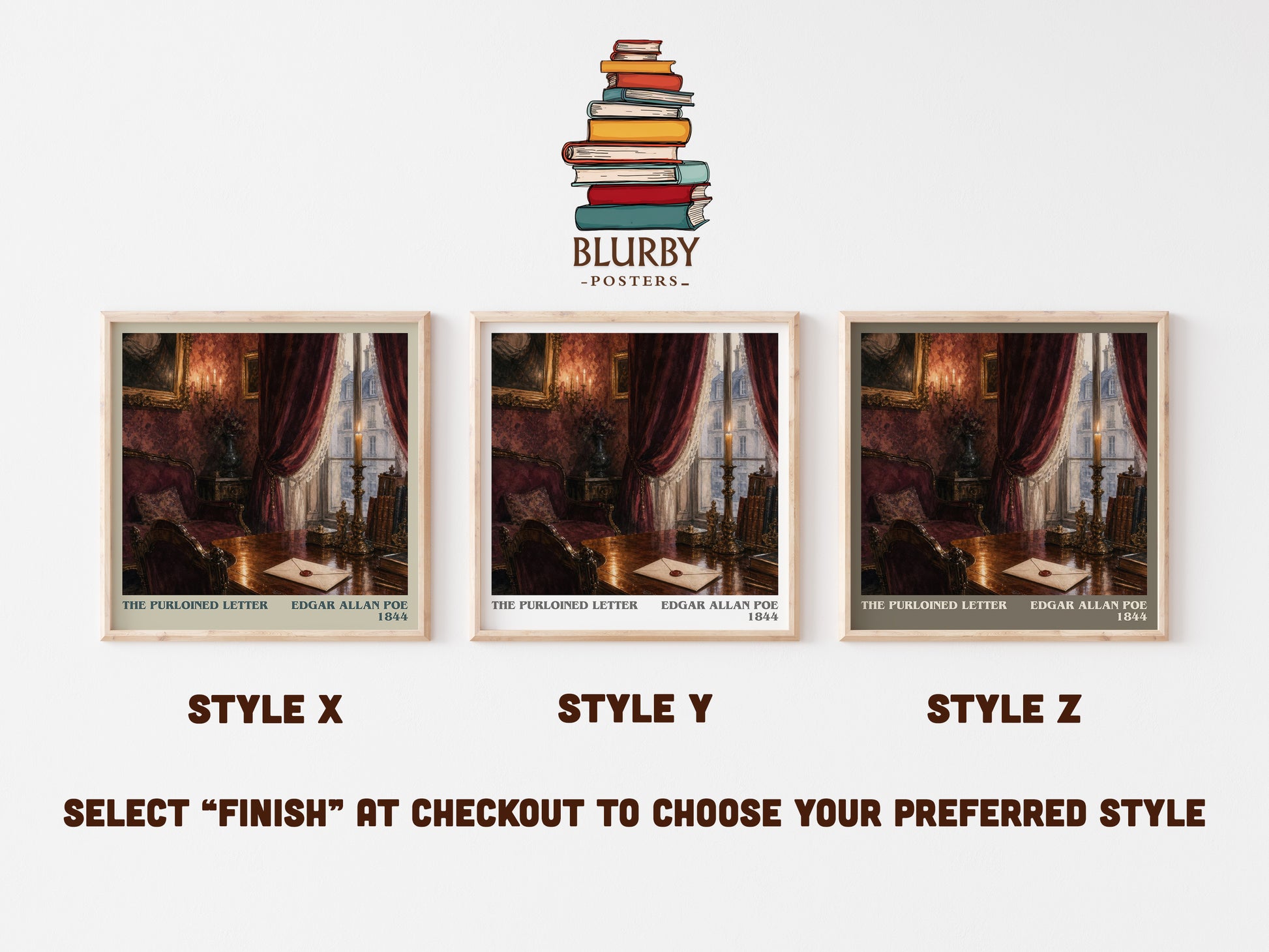 The Purloined Letter literary print in frame leaning in hallway – mystery wall art