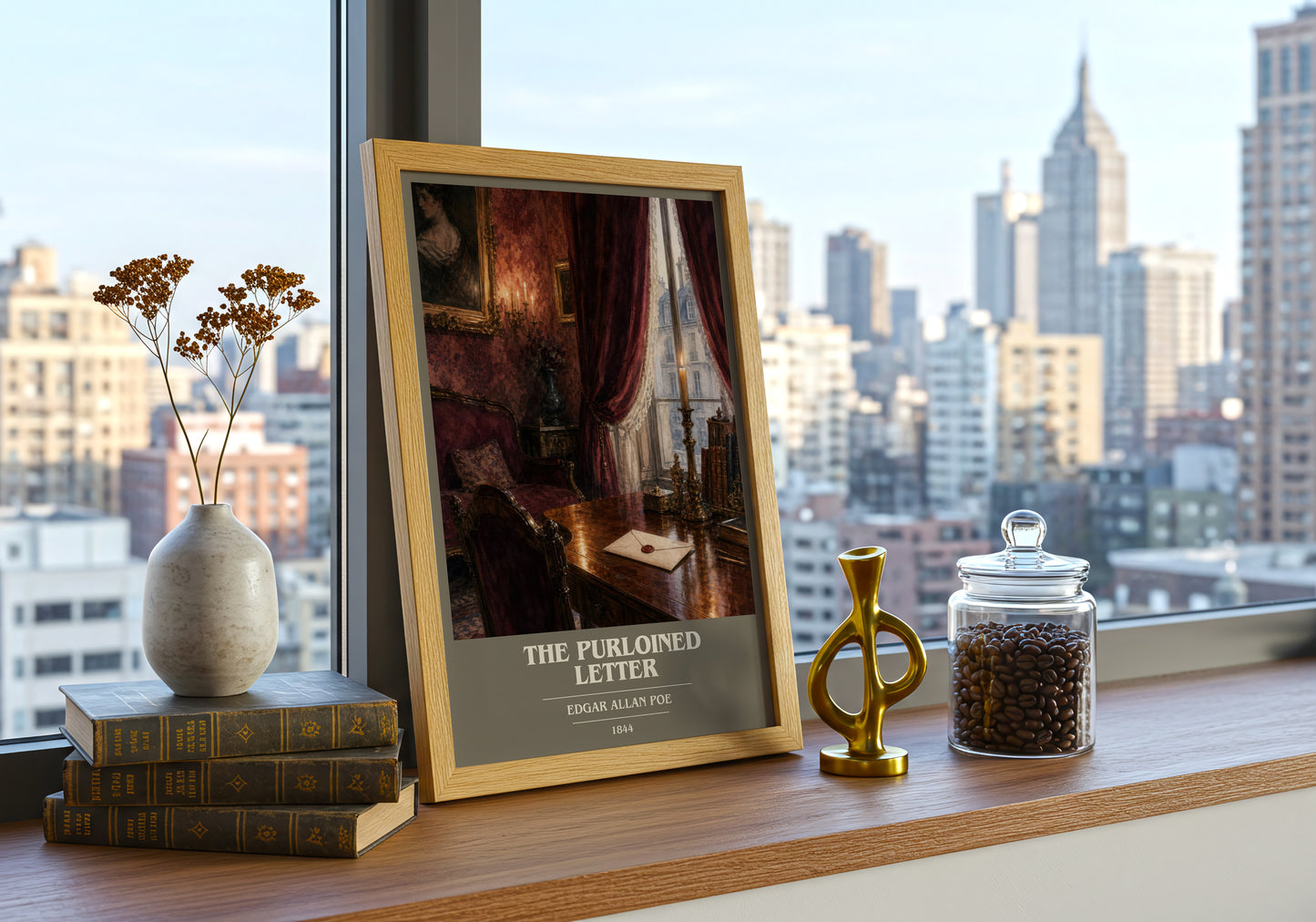 The Purloined Letter book cover print framed by window – literary home decor