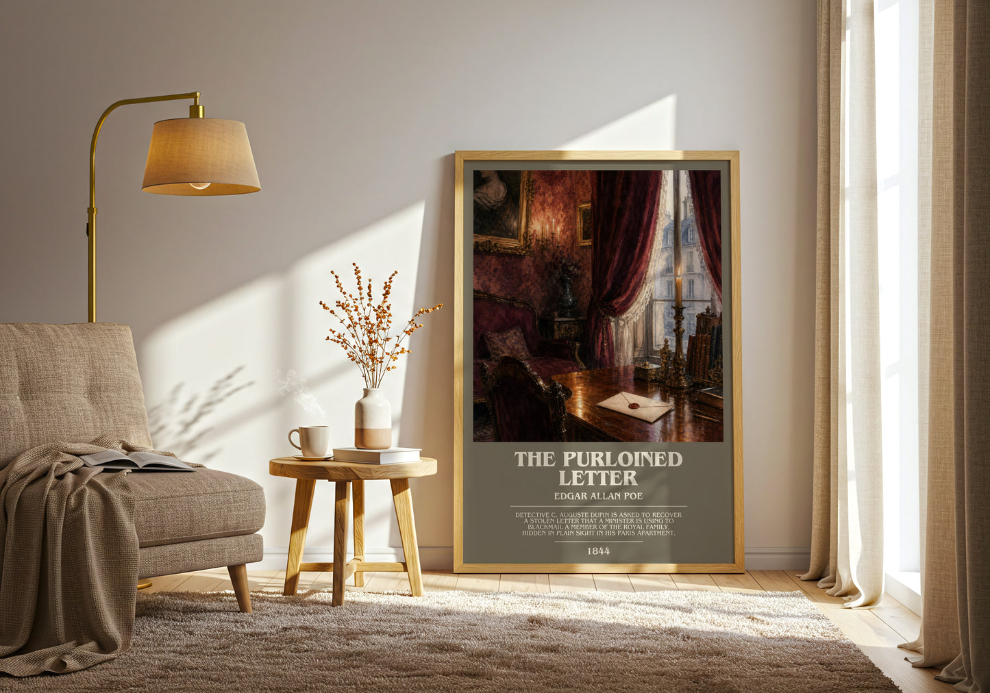 The Purloined Letter bookish print on bookshelf – Edgar Allan Poe fan gift