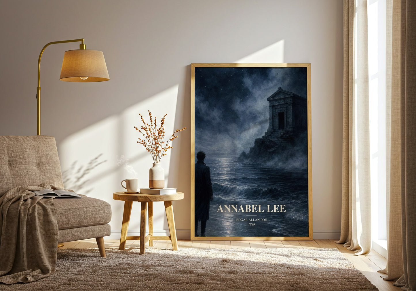 Annabel Lee watercolour print in frame leaning in hallway – poetry wall art