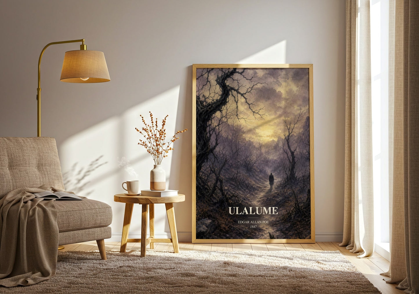 Ulalume watercolour print in frame leaning in hallway – poetry wall art