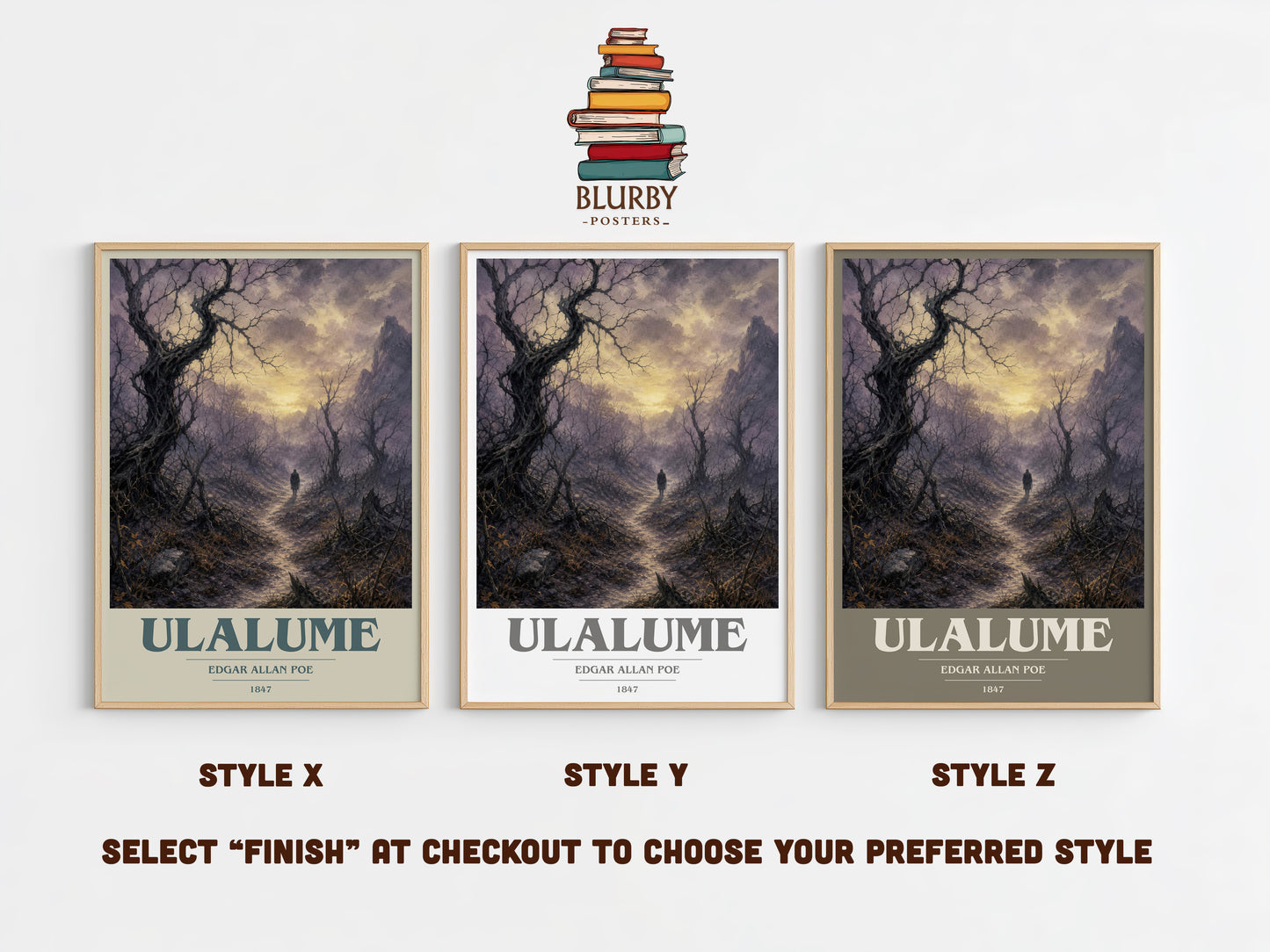 Ulalume book cover print in frame leaning in hallway – poetry wall art