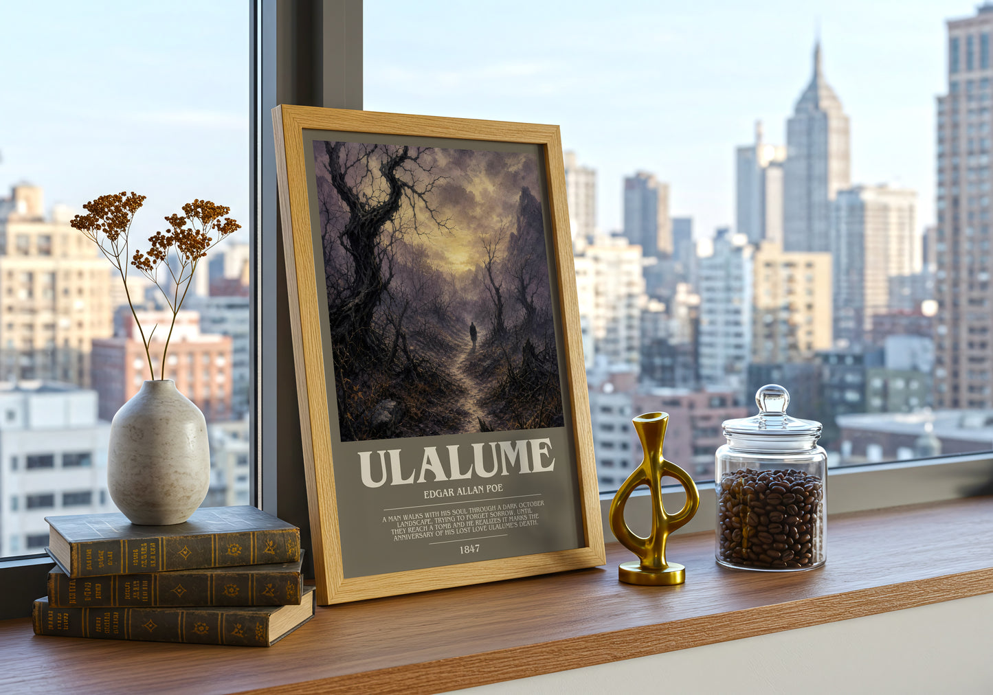Ulalume bookish print framed by window – literary home decor