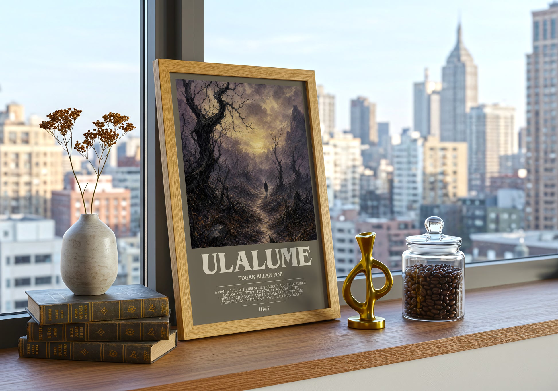 Ulalume bookish print framed by window – literary home decor