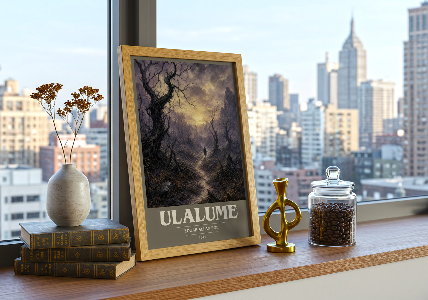 Ulalume book cover print framed by window – literary home decor