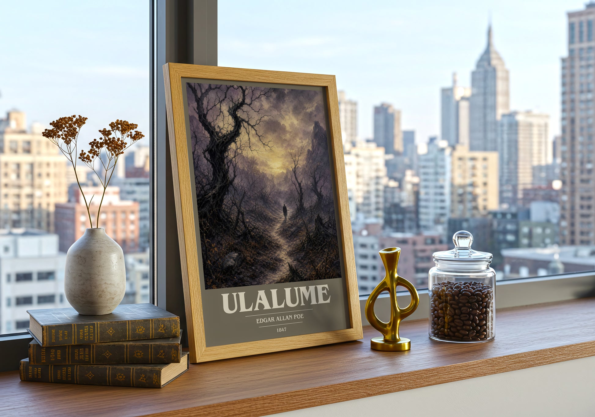 Ulalume book cover print framed by window – literary home decor