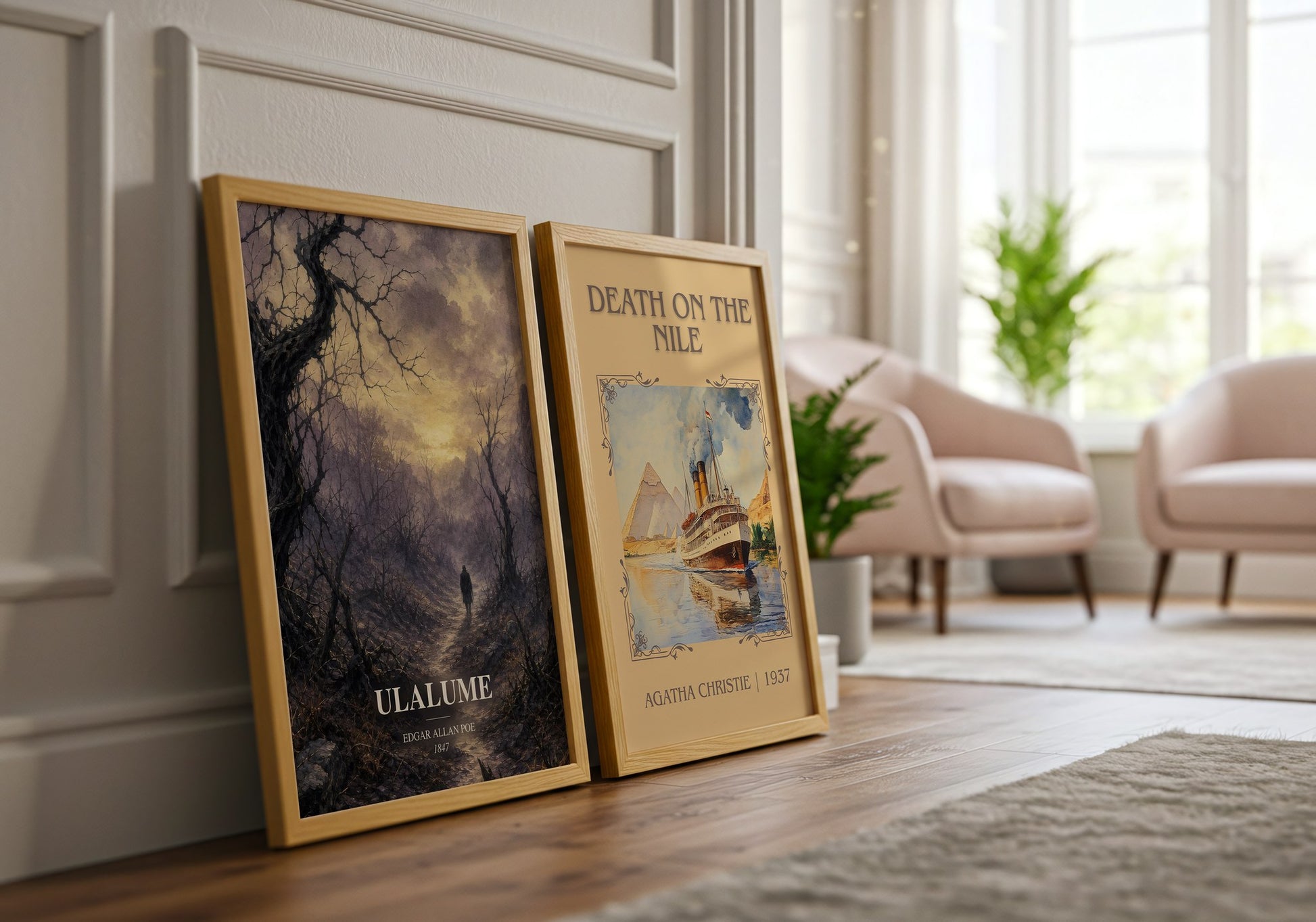 Ulalume watercolour print framed by window – literary home decor