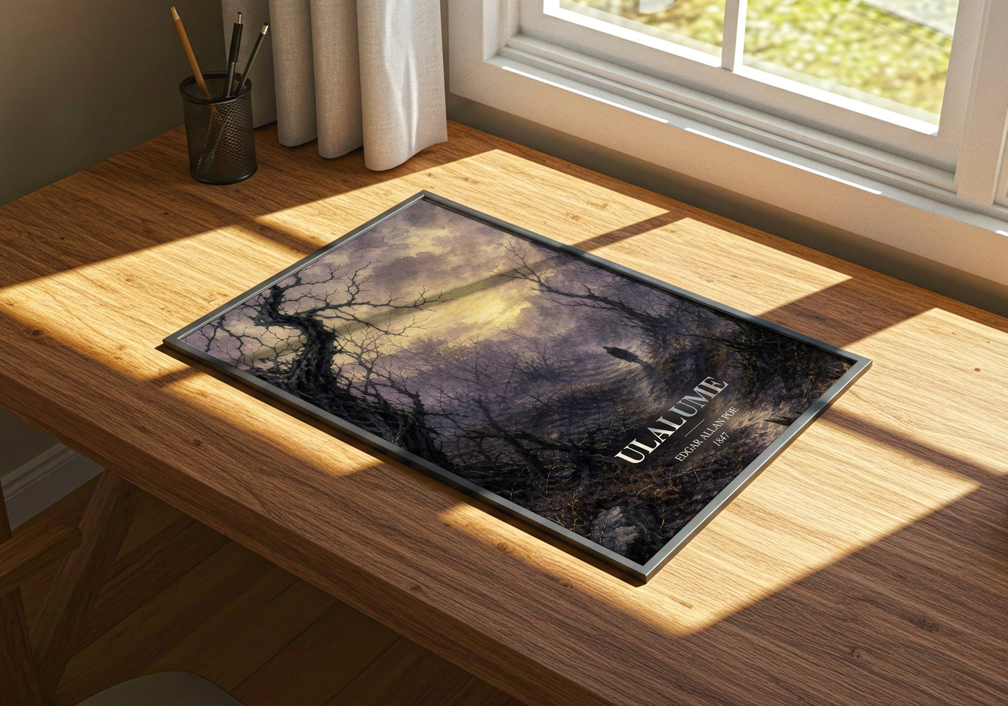 Ulalume watercolour book poster framed on wall – poetry wall art