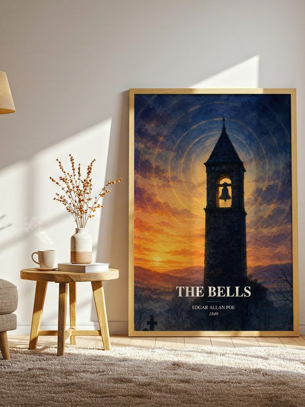 The Bells watercolour print in frame leaning in hallway – poetry wall art