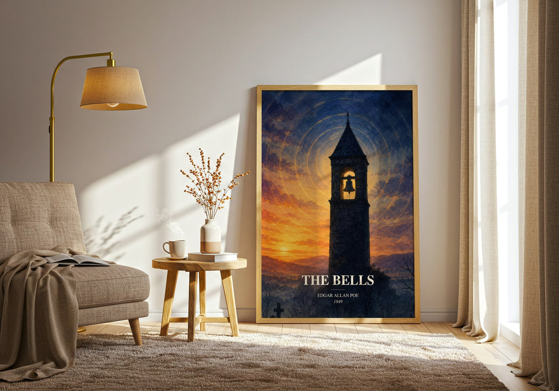The Bells watercolour print in frame leaning in hallway – poetry wall art (mockup)