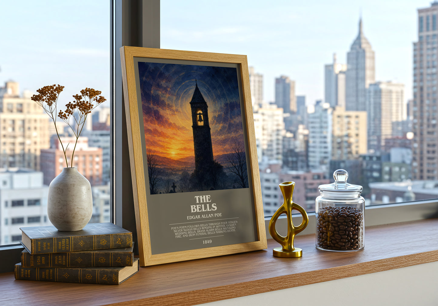 The Bells bookish print framed by window – literary home decor