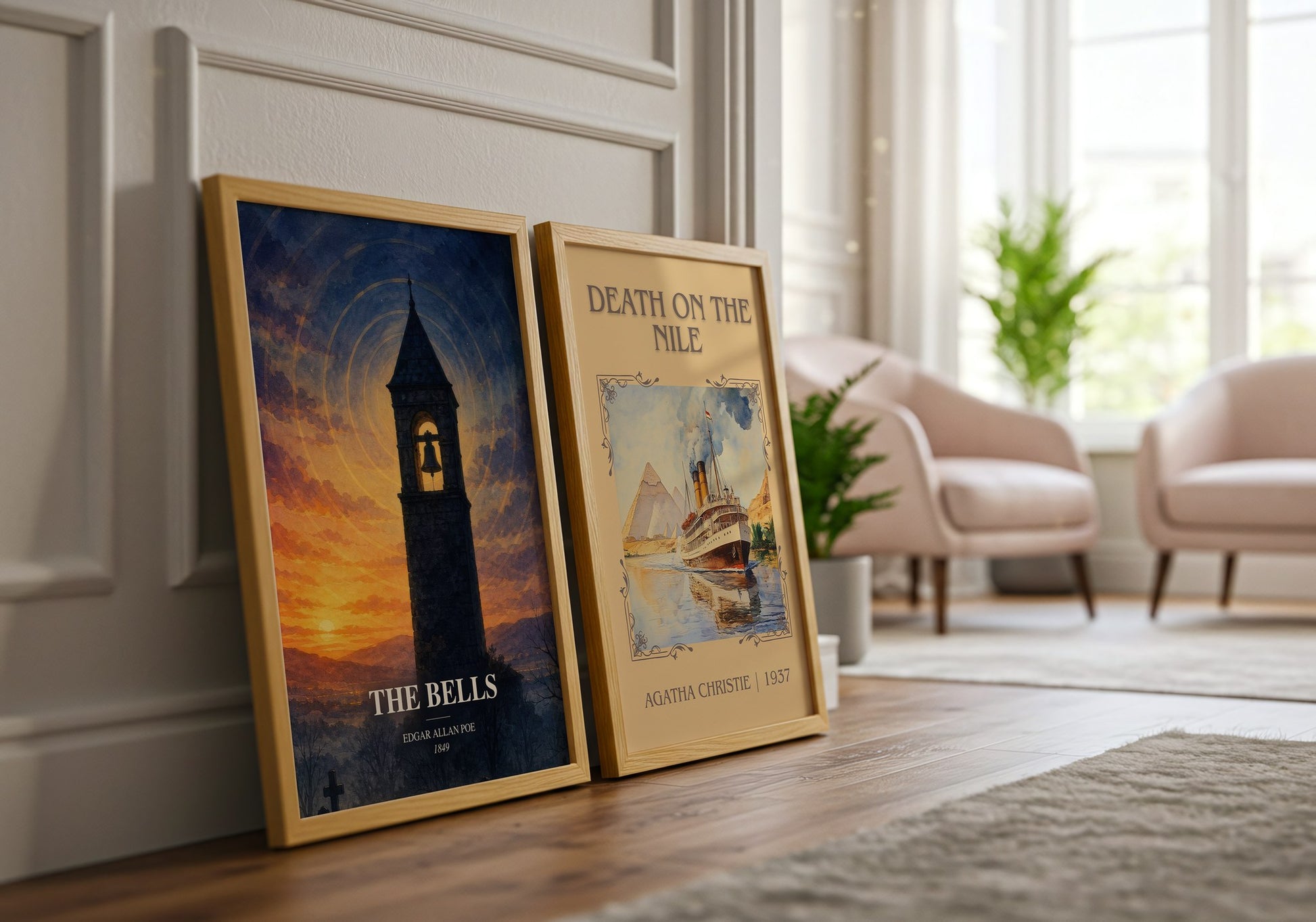 The Bells watercolour print framed by window – literary home decor