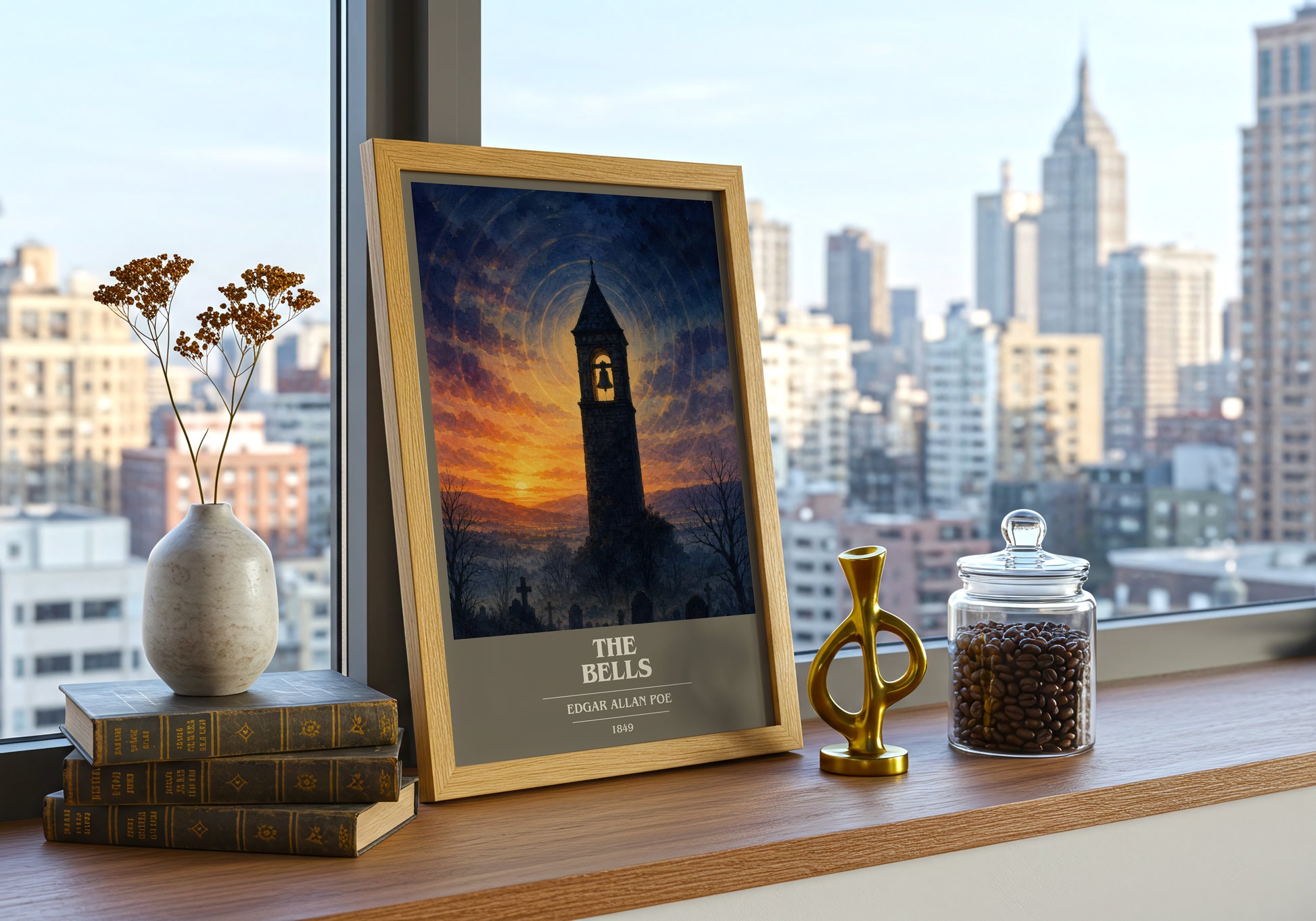 The Bells book cover print framed by window – literary home decor