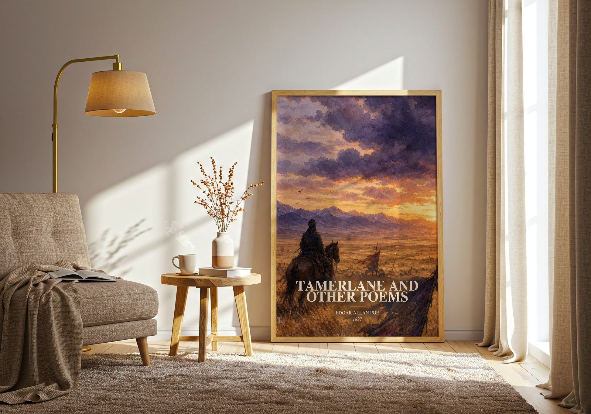 Tamerlane And Other Poems watercolour print in frame leaning in hallway – poetry wall art