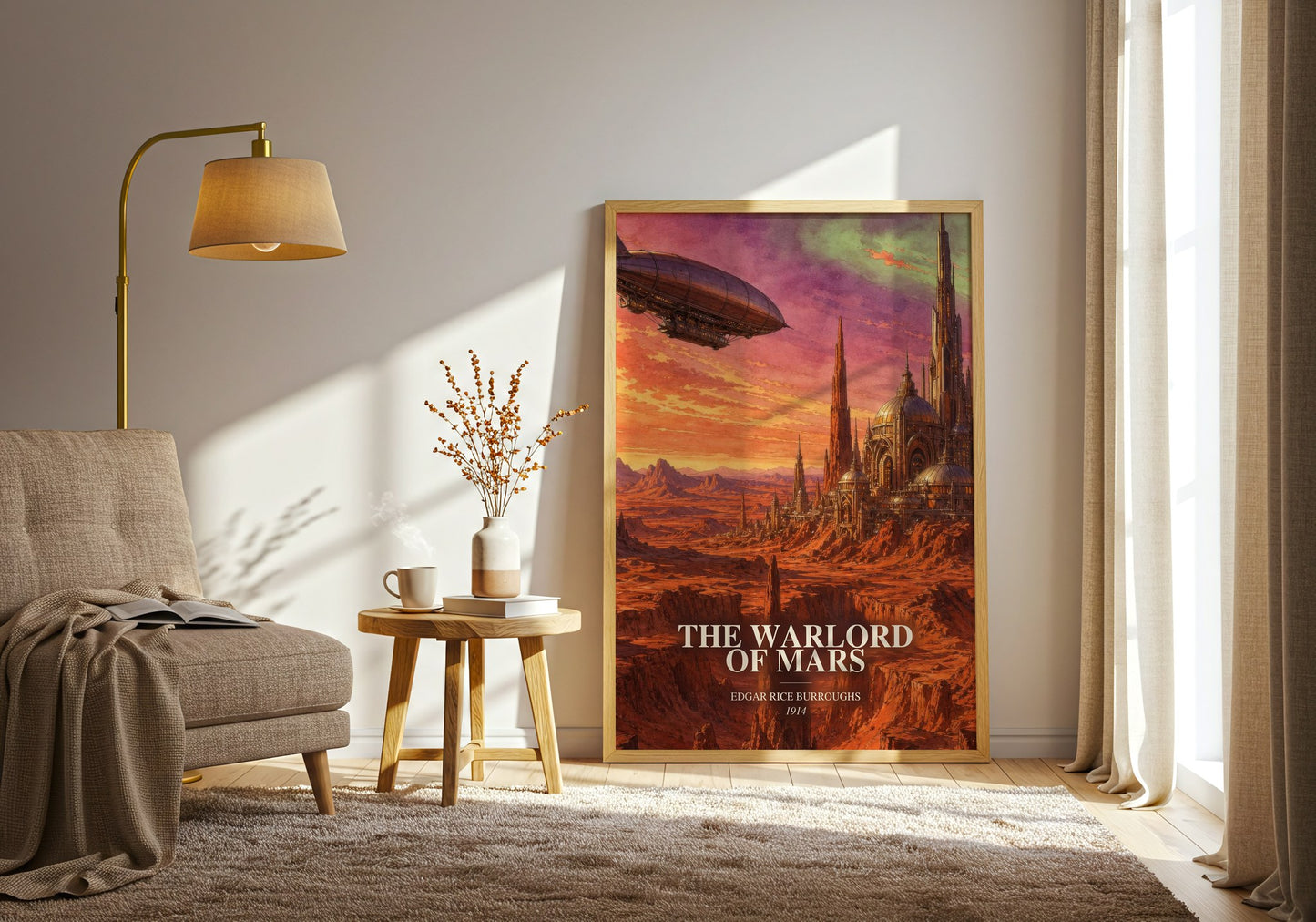 The Warlord Of Mars watercolour print in frame leaning in hallway – sci fi wall art