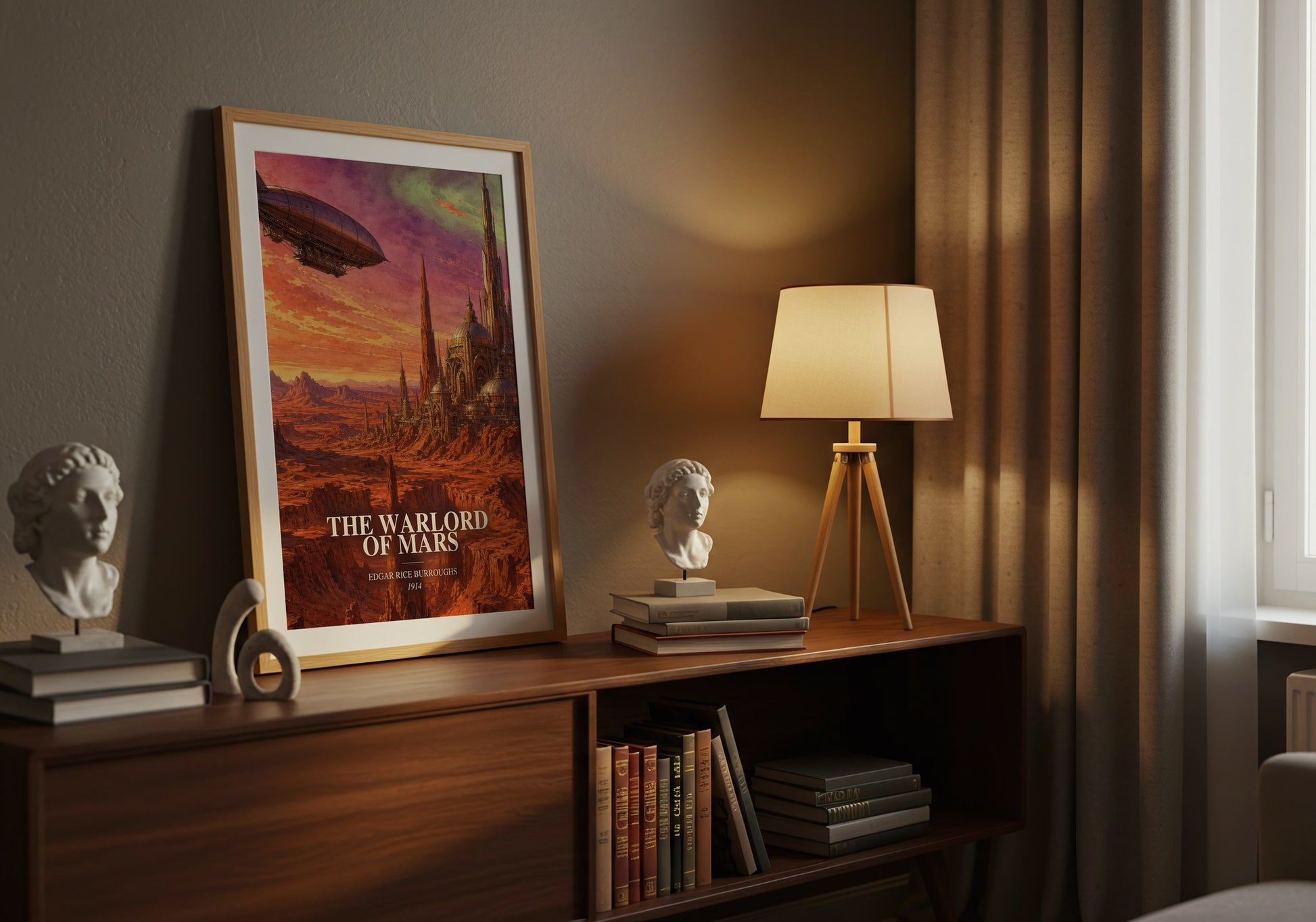 The Warlord Of Mars watercolour print on bookshelf – Edgar Rice Burroughs fan gift