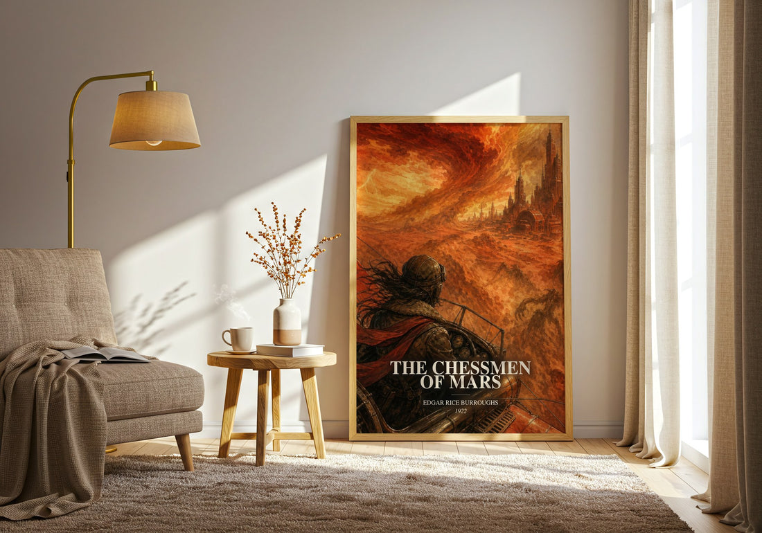 The Chessmen Of Mars watercolour print in frame leaning in hallway – sci fi wall art (mockup)