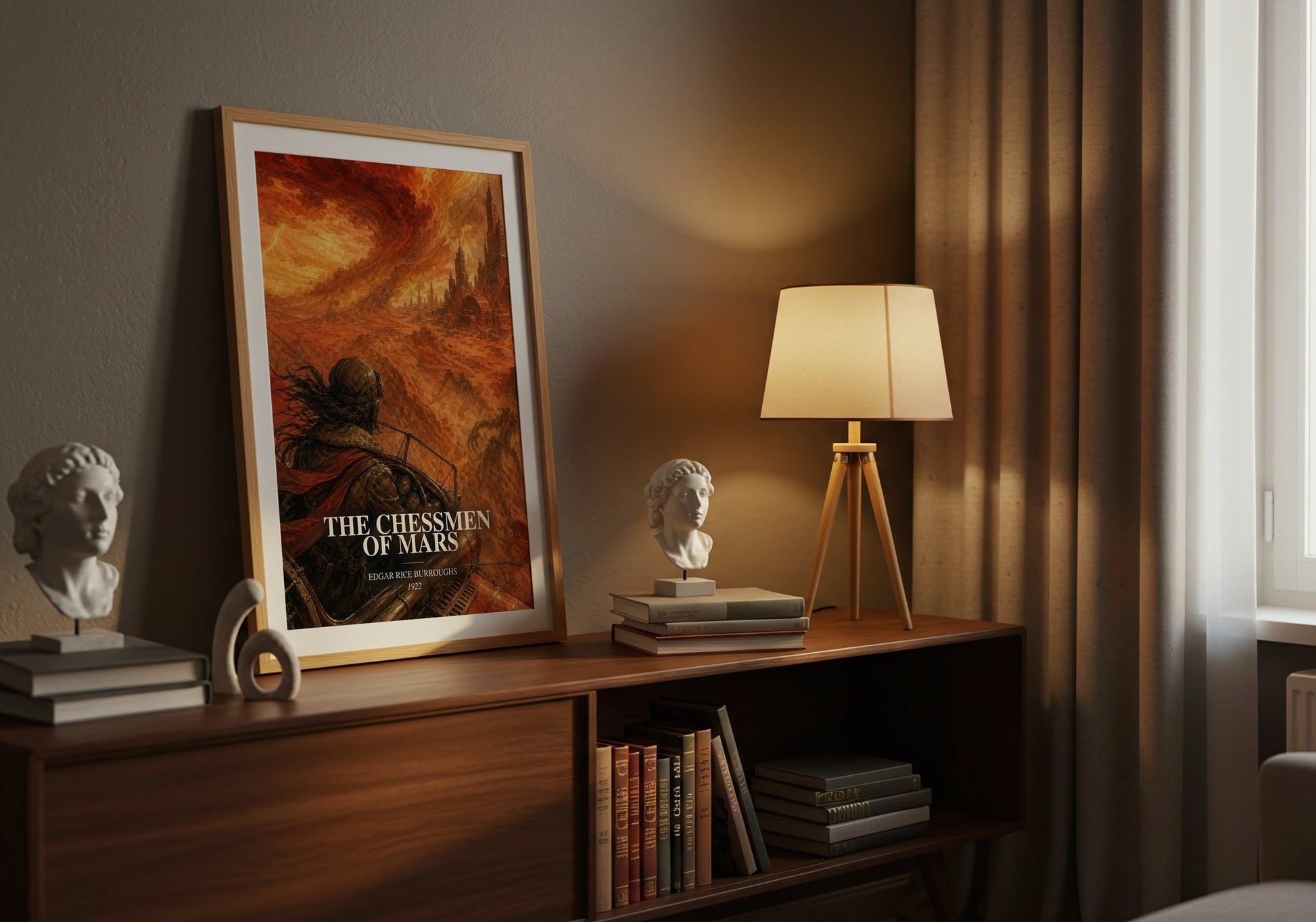 The Chessmen Of Mars watercolour print on bookshelf – Edgar Rice Burroughs fan gift